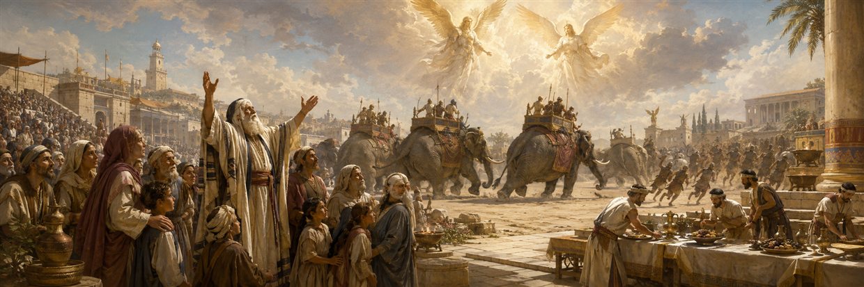 Eleazar prays in the hippodrome as two radiant guardians turn the elephants away and the captives rejoice